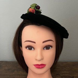 Vintage Mid Century Black Velvet Hat With Fruit A… - image 1